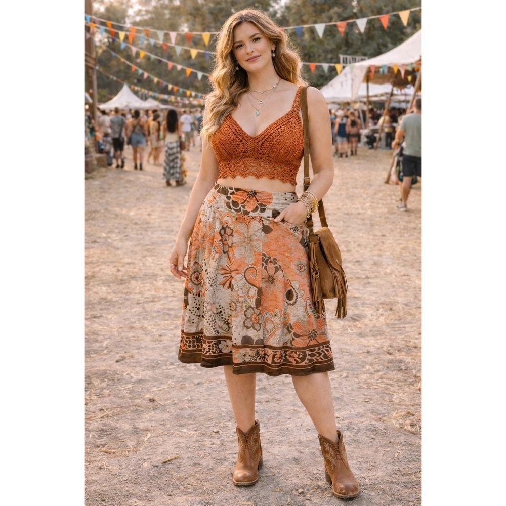 Boho Cottagecore Festival‎ Summer Floral Brown Orange Flowy A Line 14W Skirt
